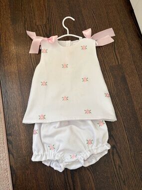 White & Pink Floral Baby Dress Set with Ribbon Shoulder Ties